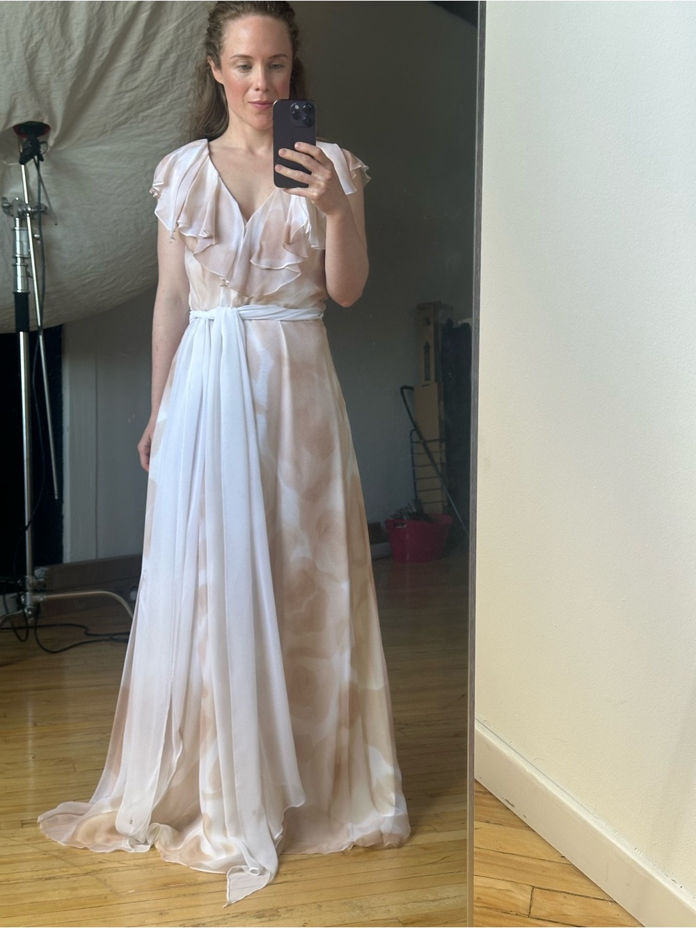 Vintage Daymour Elegant Cream Ruffle V-Neck Maxi Dress